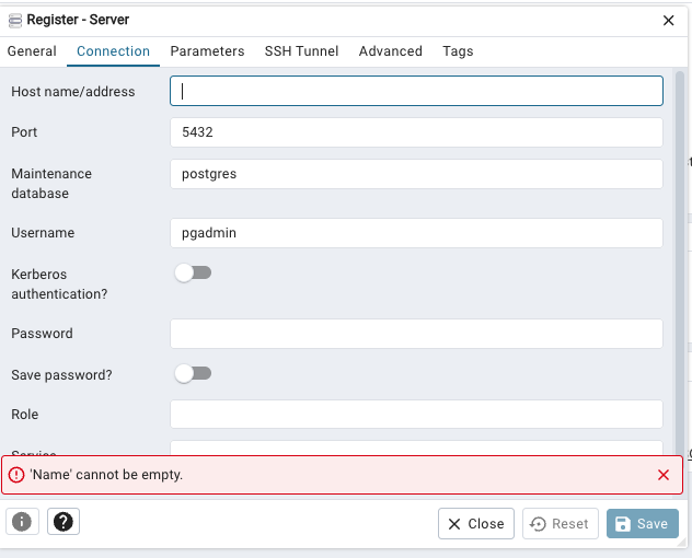 DB connection from pgadmin