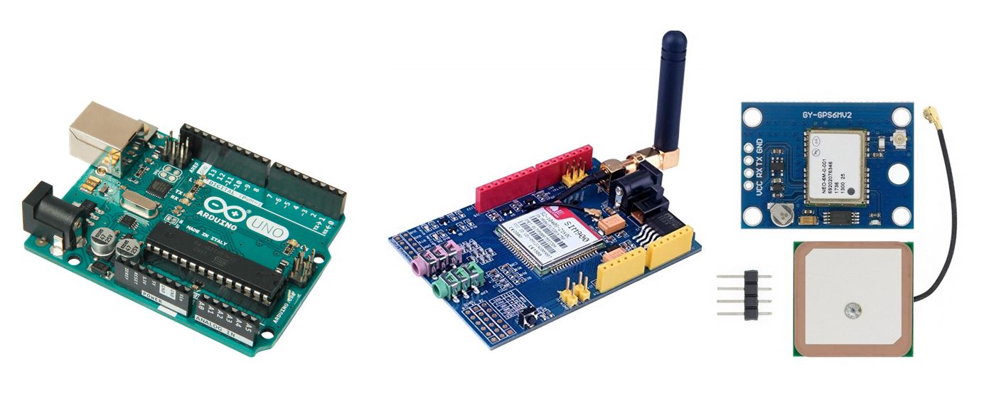 De gauche à droite : Arduino Uno, module SIM 900 et module GPS NEO-6M